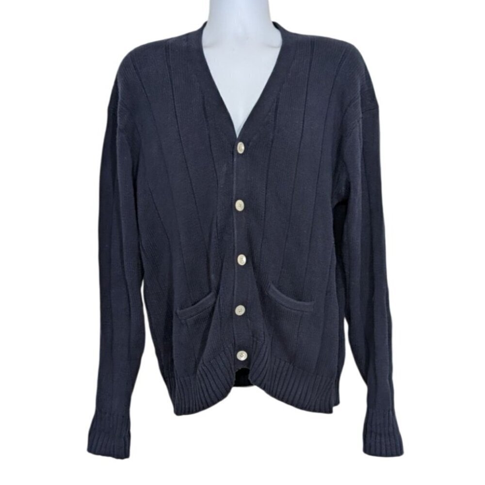 Polo Ralph Lauren Ribbed Cardigan Mens Size XL Navy Blue Cotton V Neck Sweater